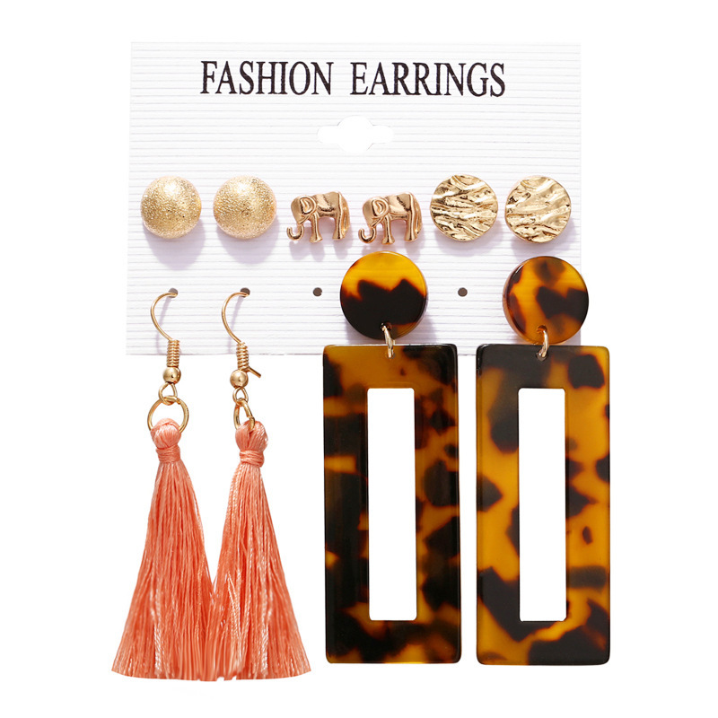 

Originality Elephant Second Gram Force Leopard Print Tassels Ear Nail 5 Paper Suit Earrings
