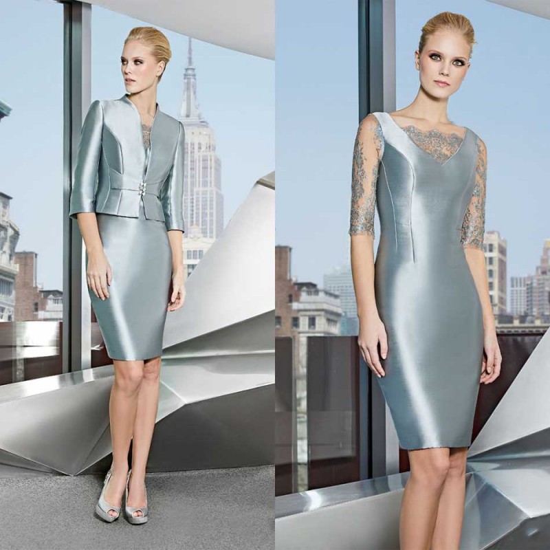 

Grey Blue Mother Of The Bride Dresses With Jacket Lace Knee Length Bateau Neck Elegant Mother's Gowns Wedding Guest Dress Cocktail