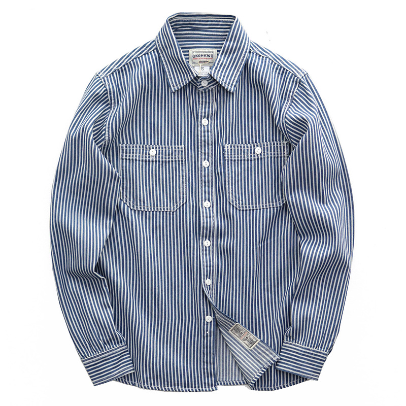 

Retro Mens Cotton Striped Shirts Long Sleeves Casual Light Blue Shirt Man Vintage Men Dress Shirt Slim Fit Double Pocket II50CS, Style2