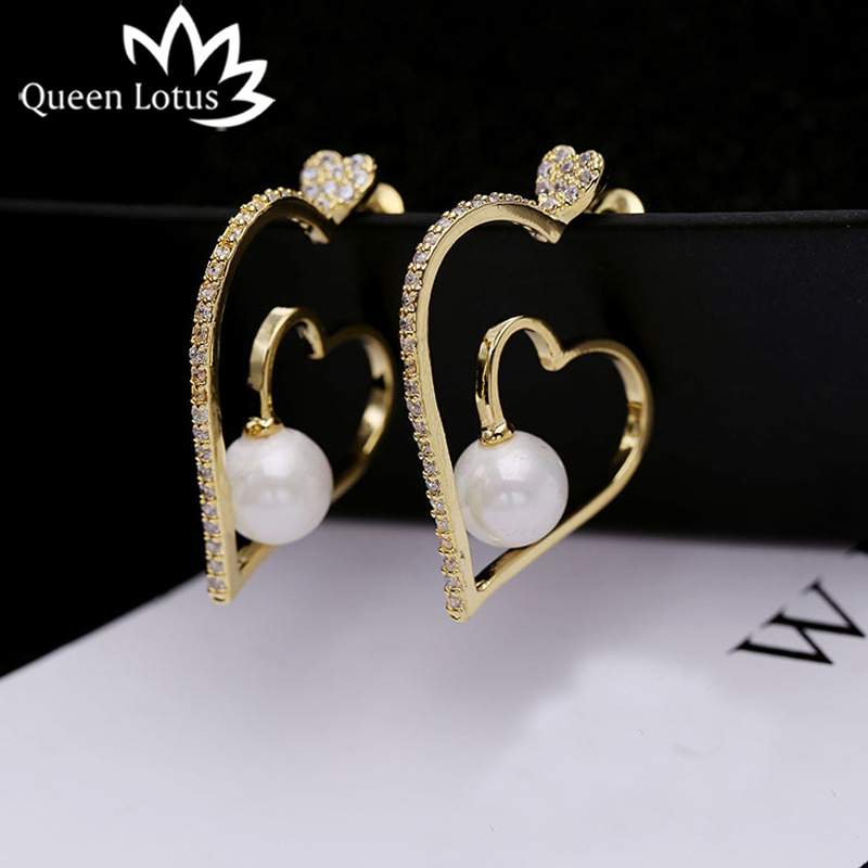 

Queen Lotus 2018 Fashion Pearl Heart Earrings for Women Zircon Jewelry Korean Dangle Earrings For Party, Silver