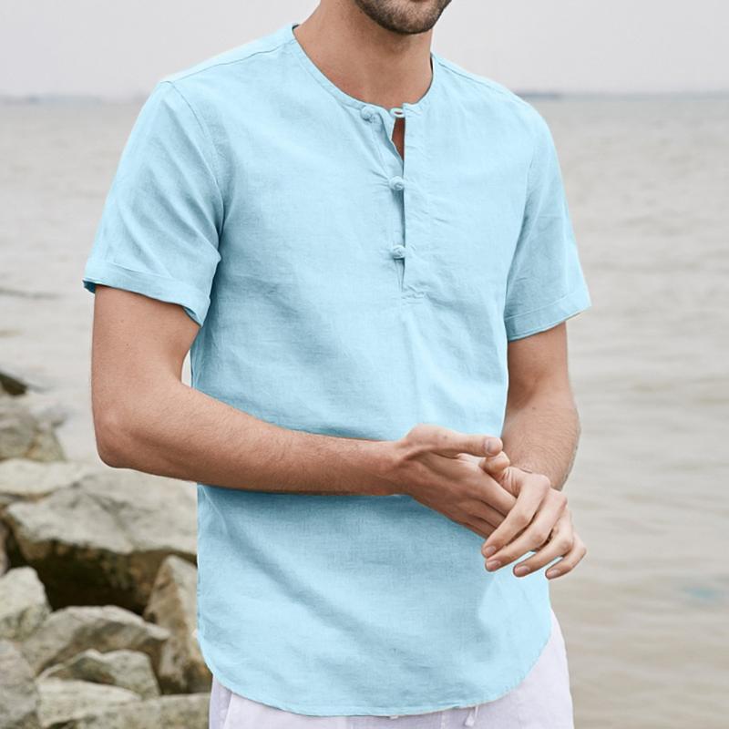 

Casual Solid Linen Mens Shirts 2019 Summer Fashion Short Sleeve Collarless Shirt For Male Comfortable Loose Pullover Blouse Mens, Black