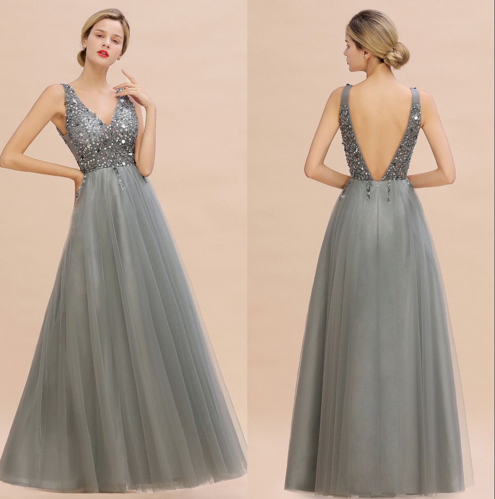 

Silver Gray Tulle Long Prom Dresses 2020 Sexy Low Back Deep V Neck A Line Party Evening Gowns Beads Sequins Elegant Formal Vestidos CPS1349
