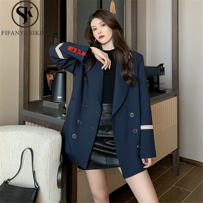 

Autumn Winter Women Blazer Korean style Formal Blazers Lady Embroidery Fashion Suit Jackets Coat Female Casual Blazer Jacket, Navy blue