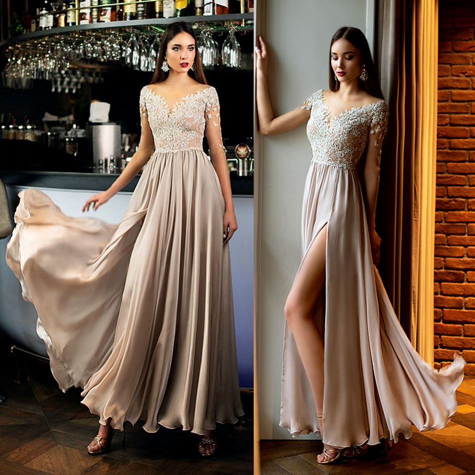 

Modest A Line Mukha Prom Dresse V Neck Long Sleeve Applique Pearls Split Party Dress Ankle Length robes de soirée, Red