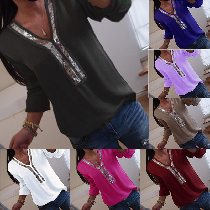 

Fashion Casual Sequins T-shirt Solid Color Sexy V-neck Tops Women's Clothing 2328, Lavender
