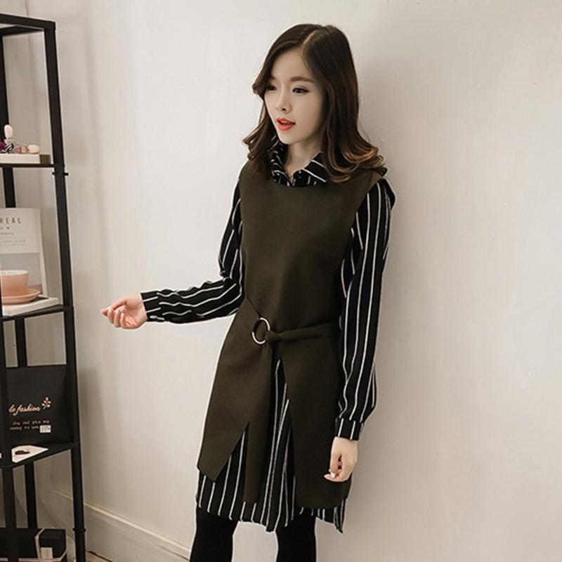 

2 Pieces Set Women Dress Suit Office Sets Spring Autumn Tracksuit Striped Shirt Wool Vest Dress Split Female Outfits, Green