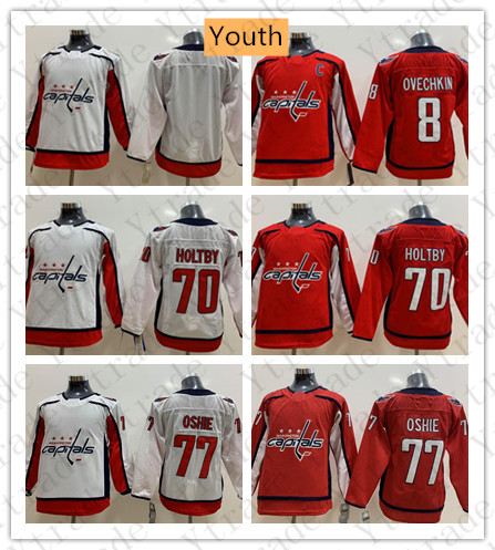 

Youth Alex Ovechkin Washington Capitals Jersey Hockey Kids 2018 Champions 70 Braden Holtby 77 TJ Oshie Kuznetsov Jerseys Home Away Red White, #70 holtby white