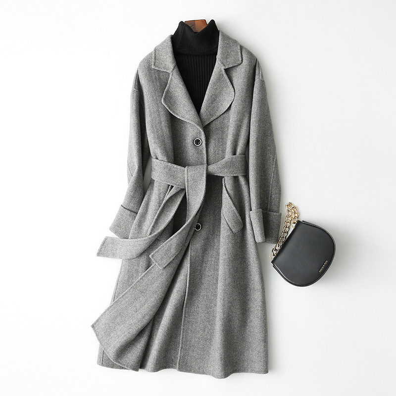 

2020 Double-Sided Wool Coat Women Jacket Long Cashmere Coats Turn Down Collar Winter Jackets With Belt 88106 WYQ1492, Gray