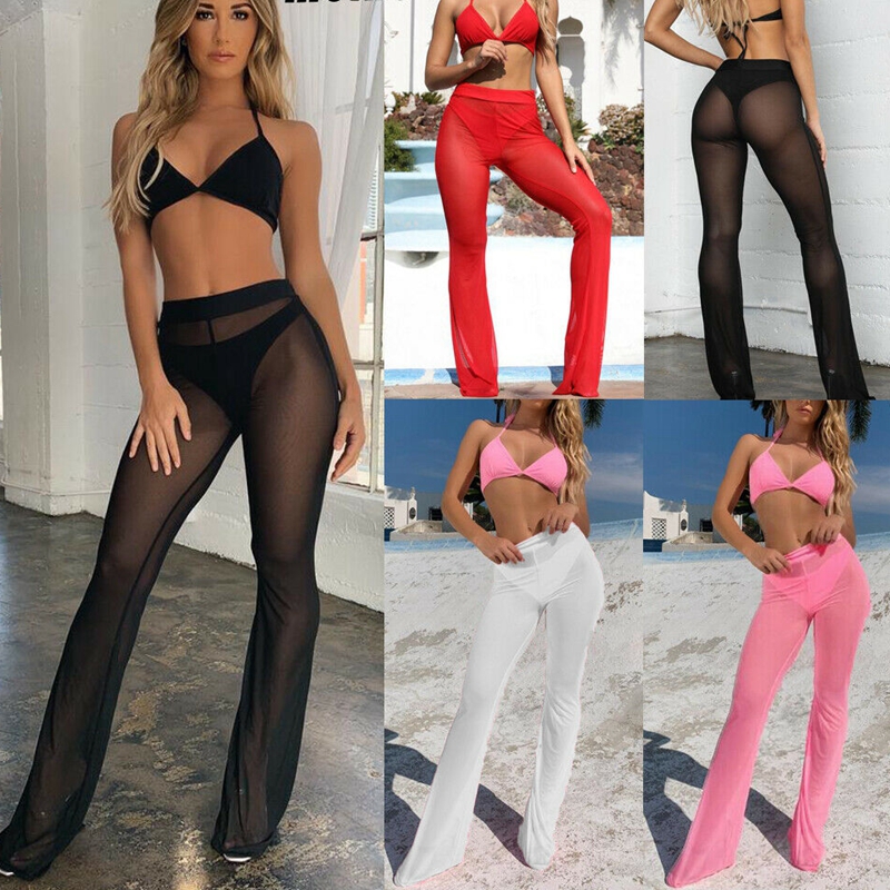

Sexy Women Beach See-through Mesh High Waist Elastic Sheer Wide Leg Pants Trousers Bikini Cover Up -XL, Black