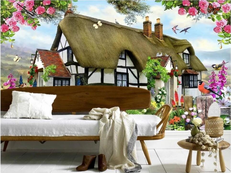 

3d room wallpaper custom photo mural Beautiful rural English cottage hut rose garden TV background wall wallpaper for walls 3 d, Non-woven fabric