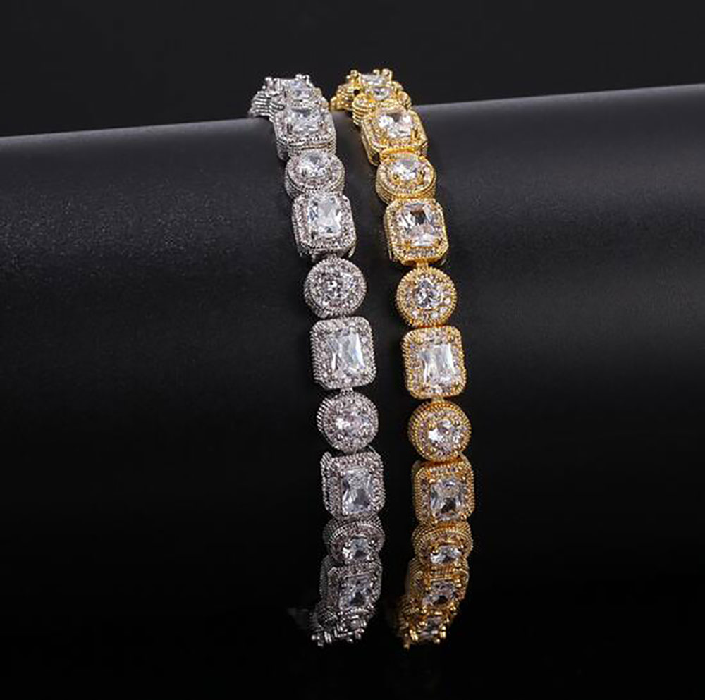 

Men Square Round Mixed Diamonds Bracelet Bling Tenns Bracelet Gold Silver 8"inch 8mm Simulate Dimonds Bangles Braceles