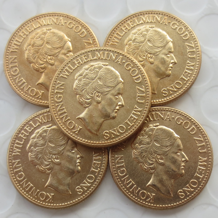 

Netherlands a set of(1925-1933) 5pcs Wilhelmina I, 10 Gulden Gold Plated Copy Coin