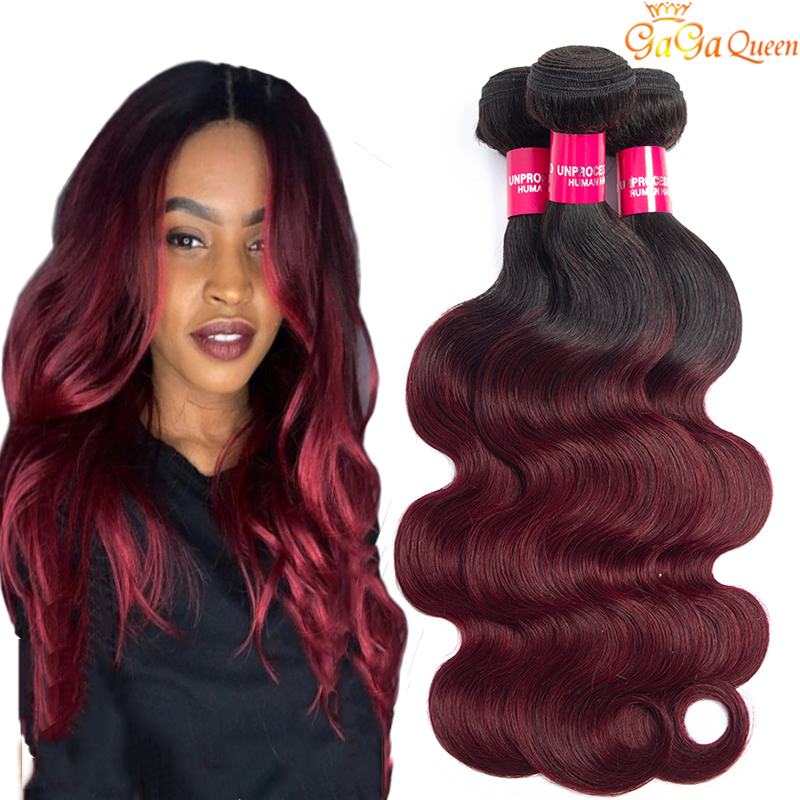 

Brazilian Ombre Hair 1B/99J Body Wave 3 Bundles Unprocessed Grade 8A Burgundy Wine Red Ombre Human Hair Weaves Extensions Length 10-24 Inch, Black