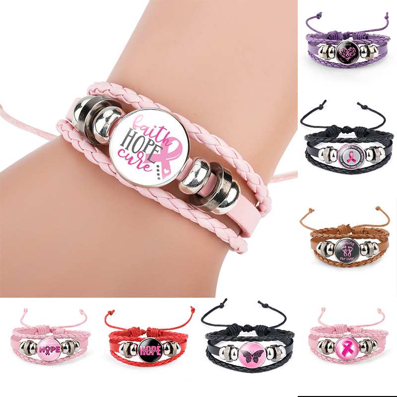 

Breast Cancer Awareness Pink Ribbon Charm bracelets For Women Walking The Cure Leather Wrap Bangle Fashion Believe Hope Faith Jewelry
