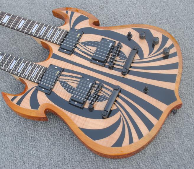 

Rare Wylde Audio Barbarian 12 & 6 strings Double Neck Black Behemoth Natural Flame Maple Top SG Electric Guitar EMG Pickups, Black Hardware
