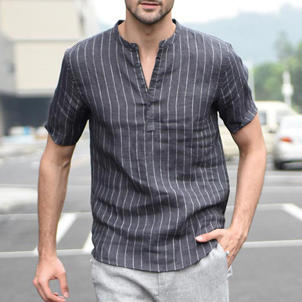 

Men' Spring & Summer Long Sleeve Shirt Baggy Cotton shirts Linen Stripe Short Sleeve Retro Shirts Tops Blouse#P40, White