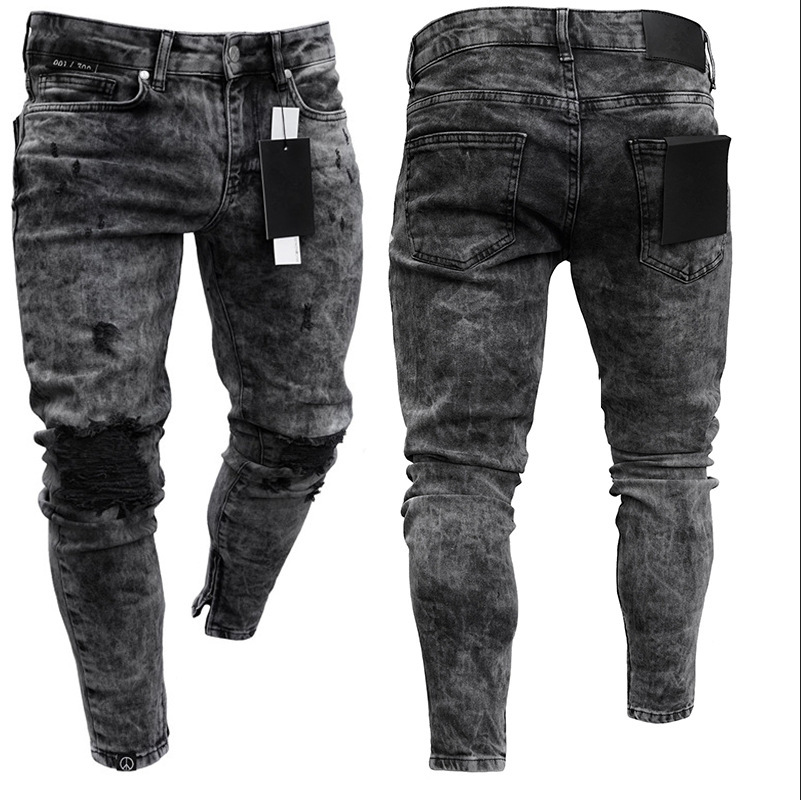 

Men Seasons Denim Pants Distressed Freyed Slim Fit Casual Trousers Stretch Ripped Black Jeans Male Denim Pants
