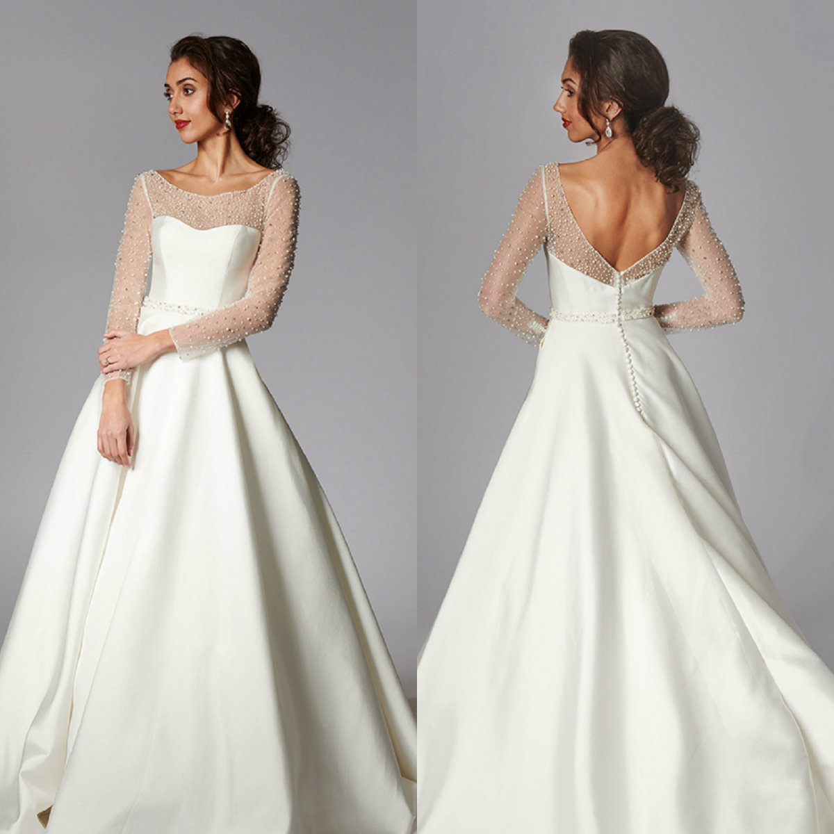 

Modest A Line Wedding Dresses Sheer Neck Covered Button Beads Long Sleeve Custom made Satin Plus Size Wedding Dress Sweep Train Robes De Mariée, White