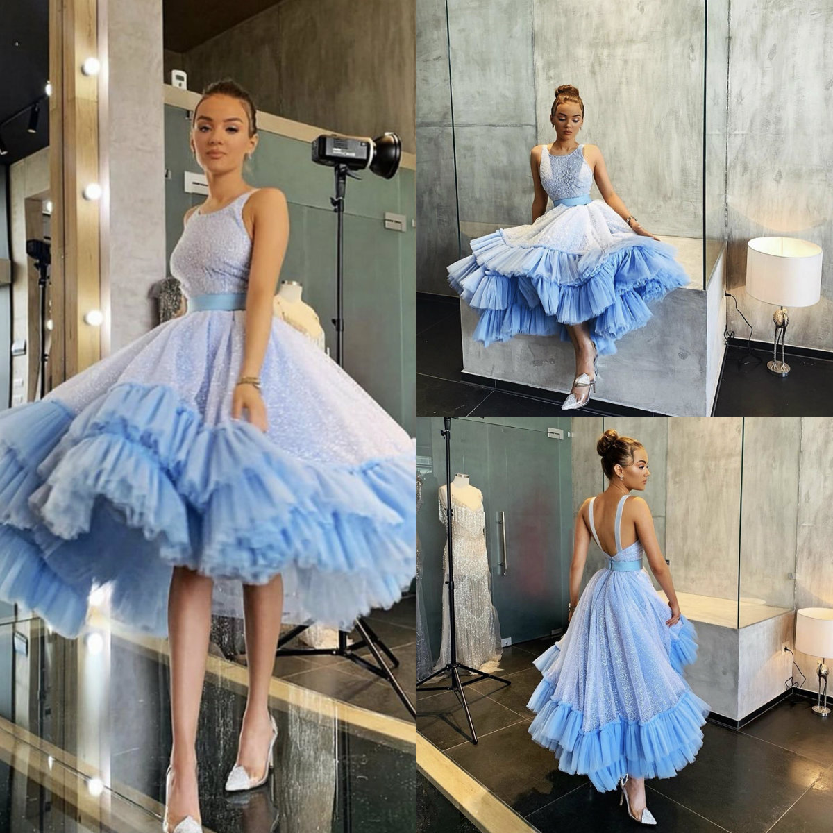 

2020 Light Blue Prom Dresses Jewel Neck Ruffles Glitter Knee Length Evening Dress Custom Made A Line Formal Gowns Robes De Soirée, Hunter green