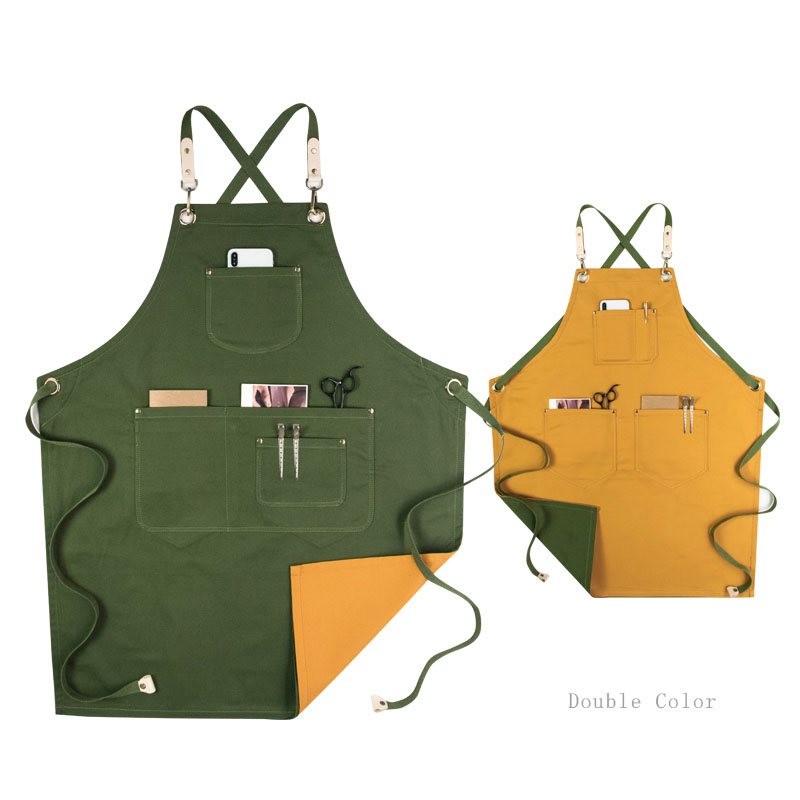 

Double Sides Apron Genuine Leather Belt Cotton Barber Kitchen Chef Apron With Pocket Two Colour Work Cook Accessories Z719