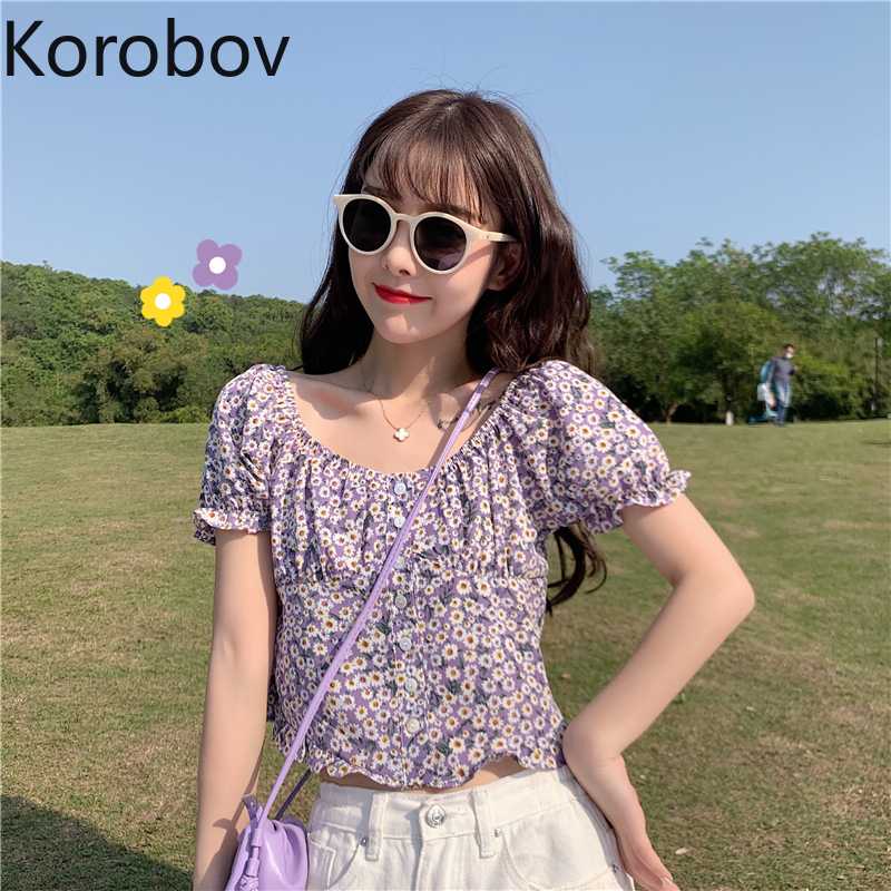 

Korobov 2020 Summer New Arrival Women Blouses Vintage Puff Sleeve Korean Shirts Sweet Chic Print Button Crop Top Blusas Mujer, Green
