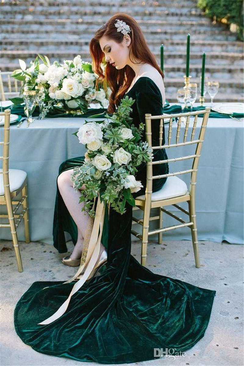 Emerald Green Velvet Evening Dresses Long Sleeve Deep V Neck Backless Long Mermaid Party Gowns Prom Dresses Robe De Soiree Plus Size