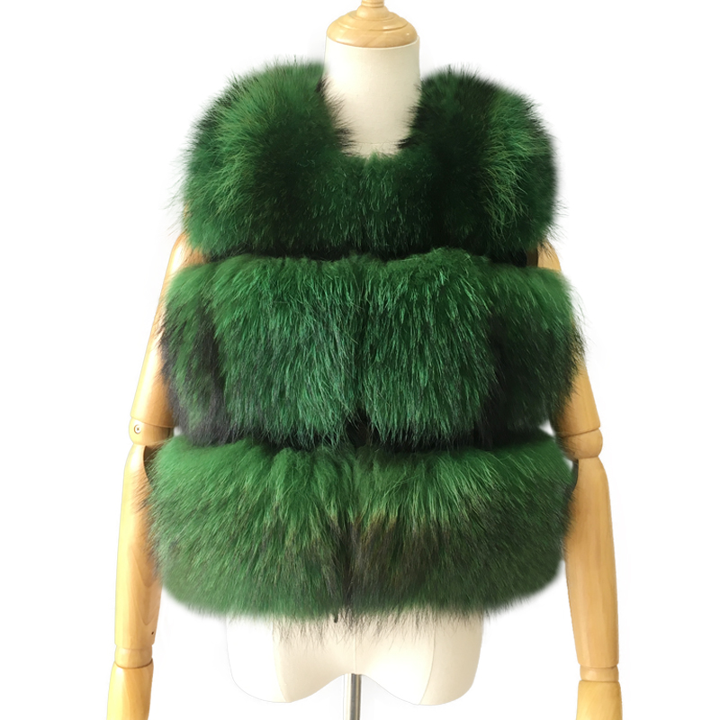 

Natural Real Raccoon Fur Vest Women Winter Thick Warm Fur Gilet High Quality Short Style Real Coat, Green