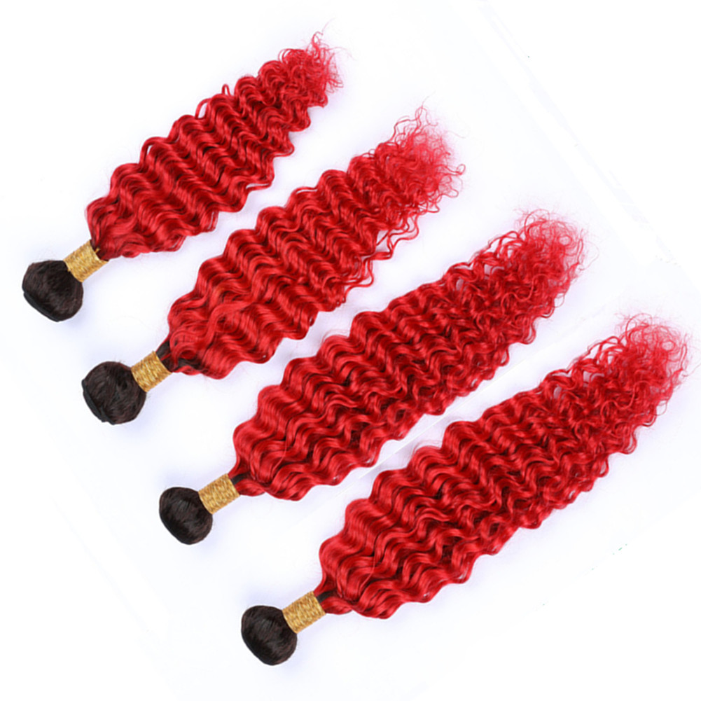 

#1B/Red Ombre Deep Wave Human Hair 4Bundles Peruvian Hair Black to Bright Red Deep Wavy Virgin Hair Weave Wefts 10-30" Tangle Free