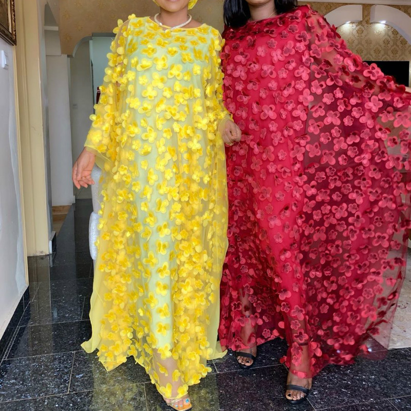 

African Fashion Women' Dresses Maxi with Appliques Loose Thin See Through Yellow White Plus Size with Elastic, Black