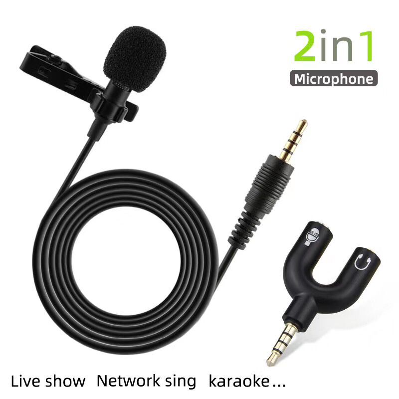 

3.5mm Microphone for Phone Portable Mini Stereo HiFi Sound Quality Condenser Microphones Clip Lapel Microphone 2 in 1 audio splitter adapter