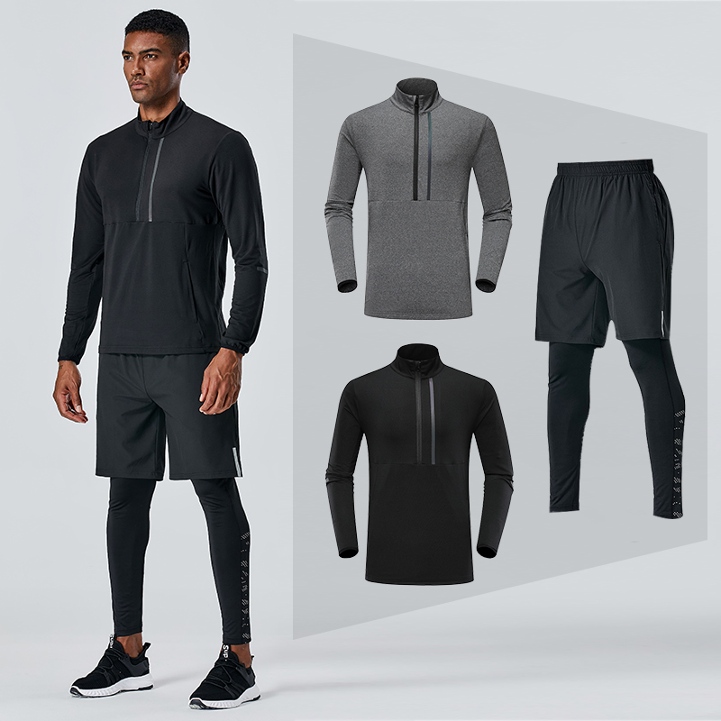 

2020 Men's Tracksuit Gym Fitness Compression Sports Pants and Long Sleeve Top with Half-zipper Running Jogging Tight Clothes, Kje50 black