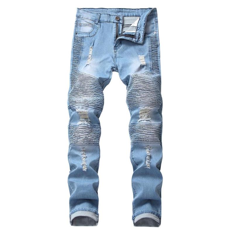 

Cloudstyle New Men's Jeans Pleats Slim Stretch Denim Casual Male Pants Fashion Long Trousers Jean Homme Regular Fit For Youth, Blue