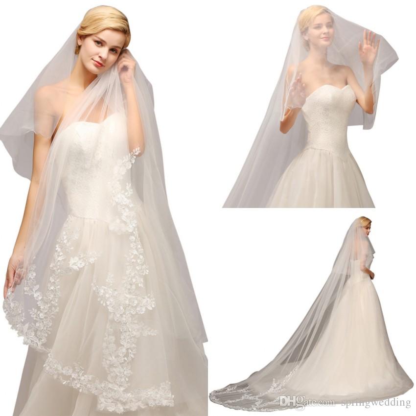 

Real Photo Cheap One Layer White Ivory Cathedral Wedding Veil with Comb Lace Tulle Applique Long Bridal Veil Wedding Accessories cpa886