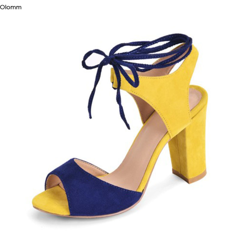 

Olomm 2020 Handmade Women Sandals Square High Heels Sandals Nice Open Toe Gorgeous Yellow Casual Shoes Women US Plus Size 5-15, D2355 yellow