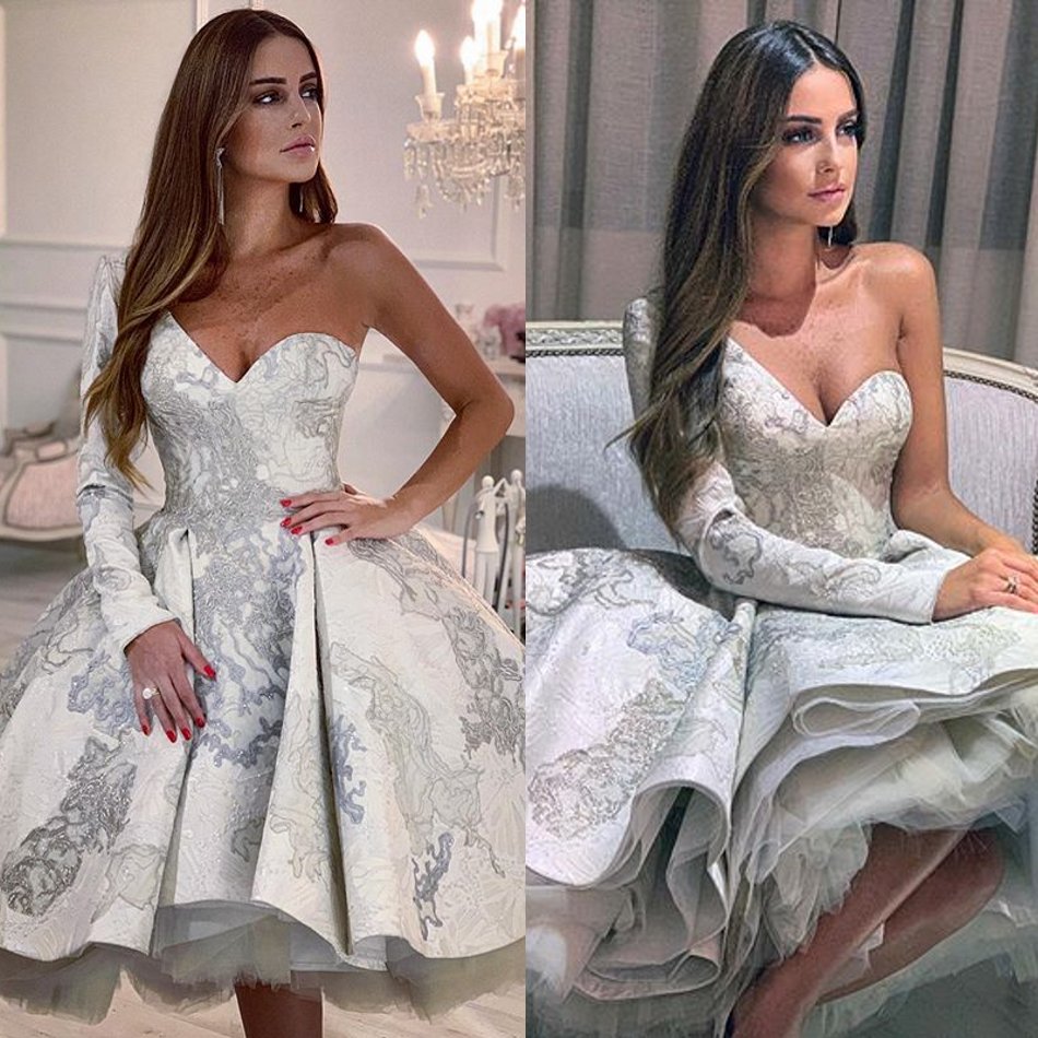 

A Line Evening Dresses One Shoulder Long Sleeve Appliques Beads Tiers Satin Prom Dress Sweep Train Special Occasion Gowns, Yellow