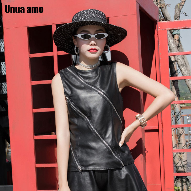 

Unua amo 2020 Vest Women Slim Plus Size Sheepskin Waistcoat Personality Zipper O-neck Design Sleeveless Leather Jacket, Black