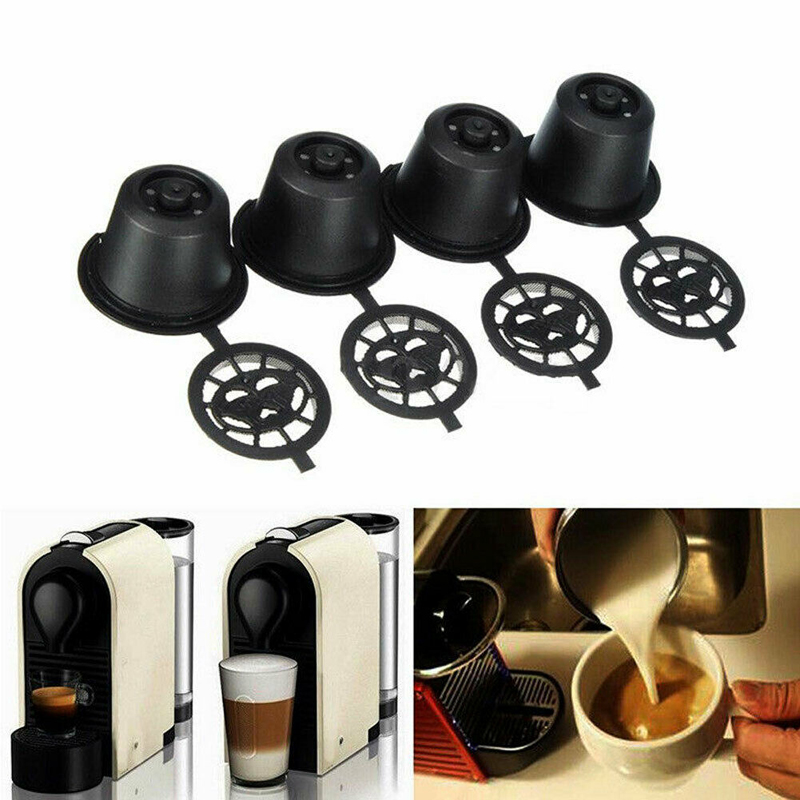 

Hot 4x Refillable Reusable Coffee Capsules Pods For Nespresso Machines Spoon Plastic + stainless steel Coffee Filters