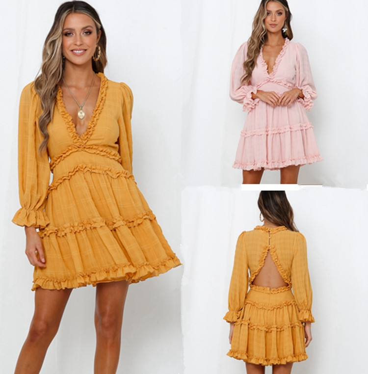 

2019 Back Waist Sleeve Sleeve Dress, Pink