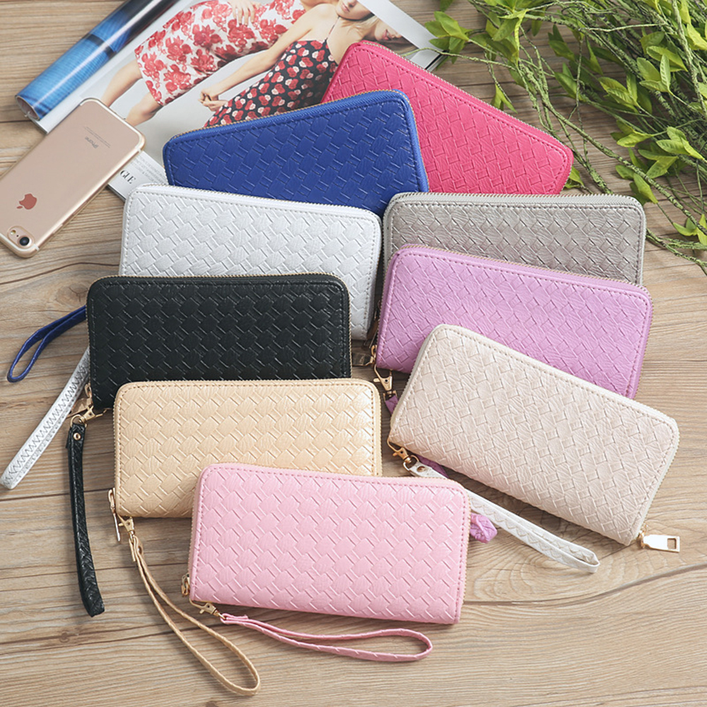 

Women Knitting PU Leather Wristlet Clutch Wallets Zip Coin Purse Phone Pocket Card Holder Long Organizer Wallet Girls Weaved Handbag, 8 colors for choice