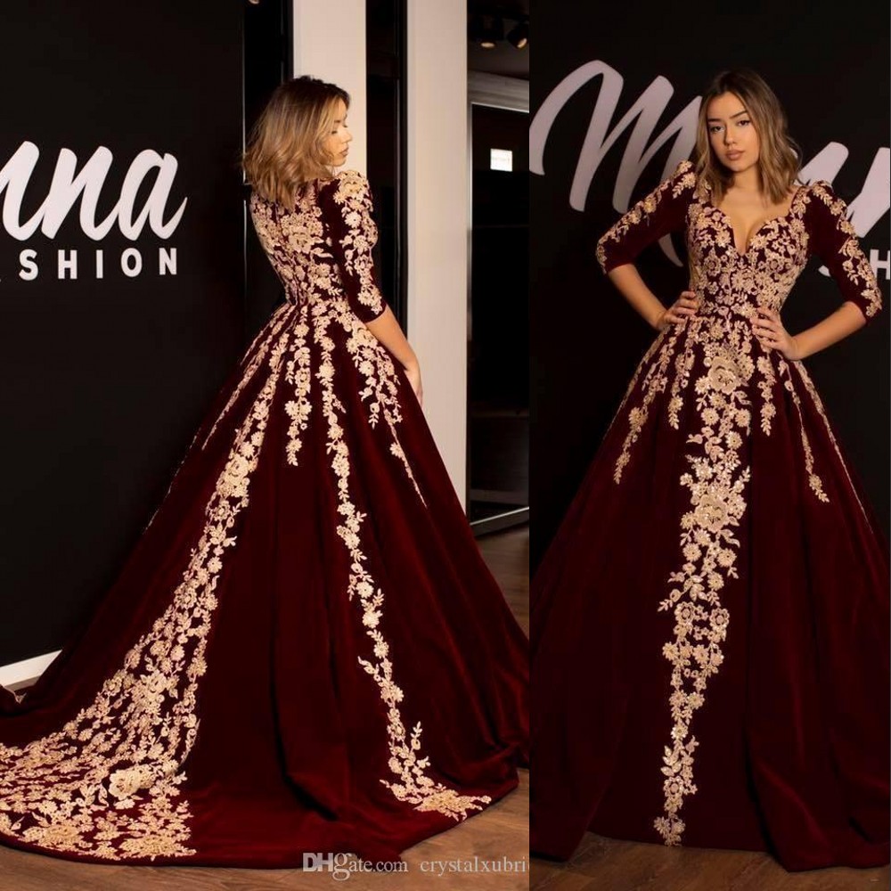 

New Burgundy Velvet Prom Dresses Sweetheart Champagne Gold Lace Appliques Crystal Beads 1/2 Long Sleeves Ball Gown Party Dress Evening Gowns