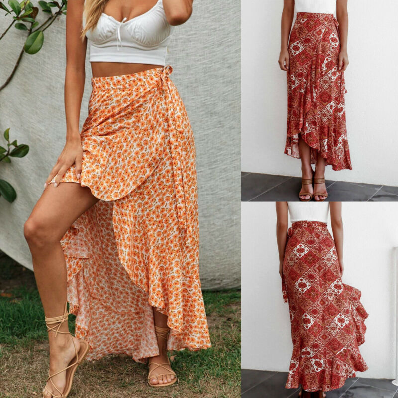

Women' 2020 Summer Retro Boho Floral Print Tied Waist Sarong Maxi Wrap Beach Party Ruffled Trim Spilt Long Skirts Saia, Yellow