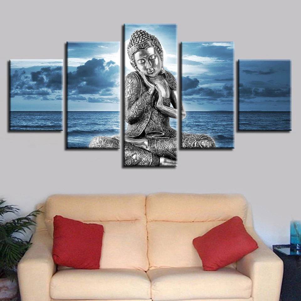 

Buddha Statue Art Prints Poster Canvas Art 5 Pieces Modular Pictures Blue Sea Wall Painting Bedroom Home Decor No Frame