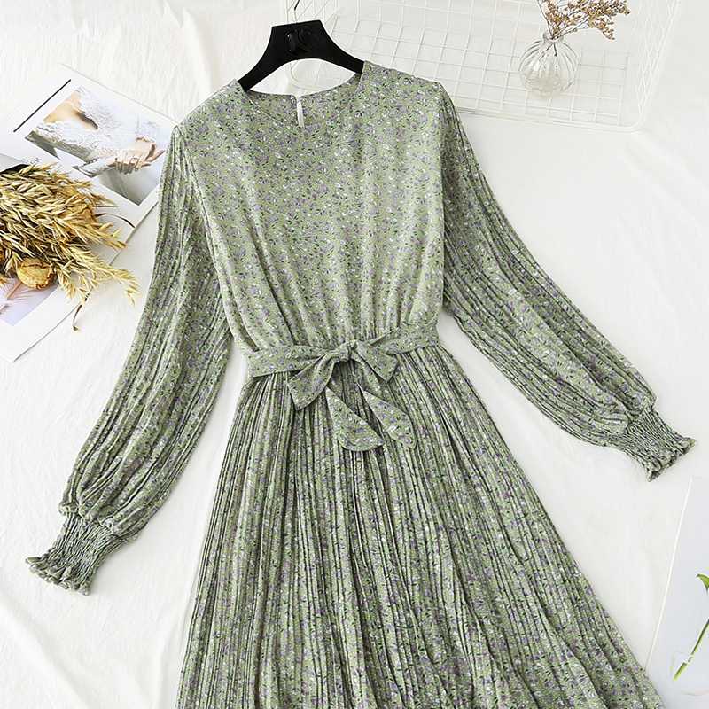 

Chiffon Women dress Retro female spring and summer Dresses 2020 new long sleeve Floral print Pleated long dress vestido, Photo color10