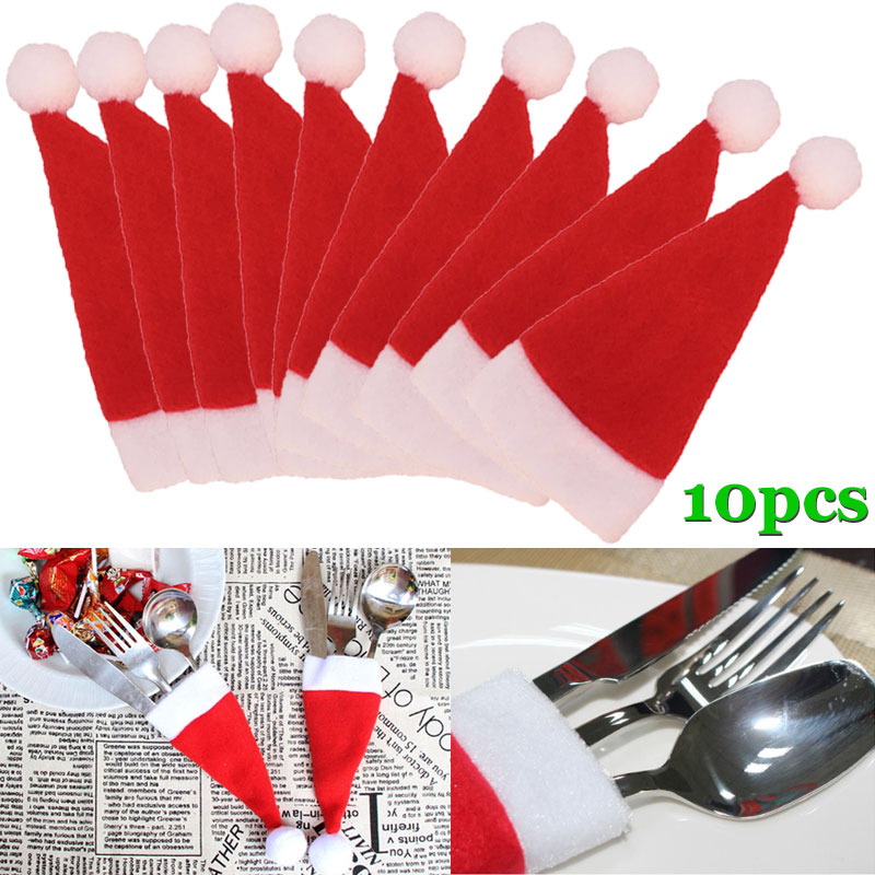 

10 Pcs/Set Christmas Hat Cutlery Bag Candy Gift Bags Cute Pocket Fork Knife Holder Table Dinner Decoration 88 For Drop