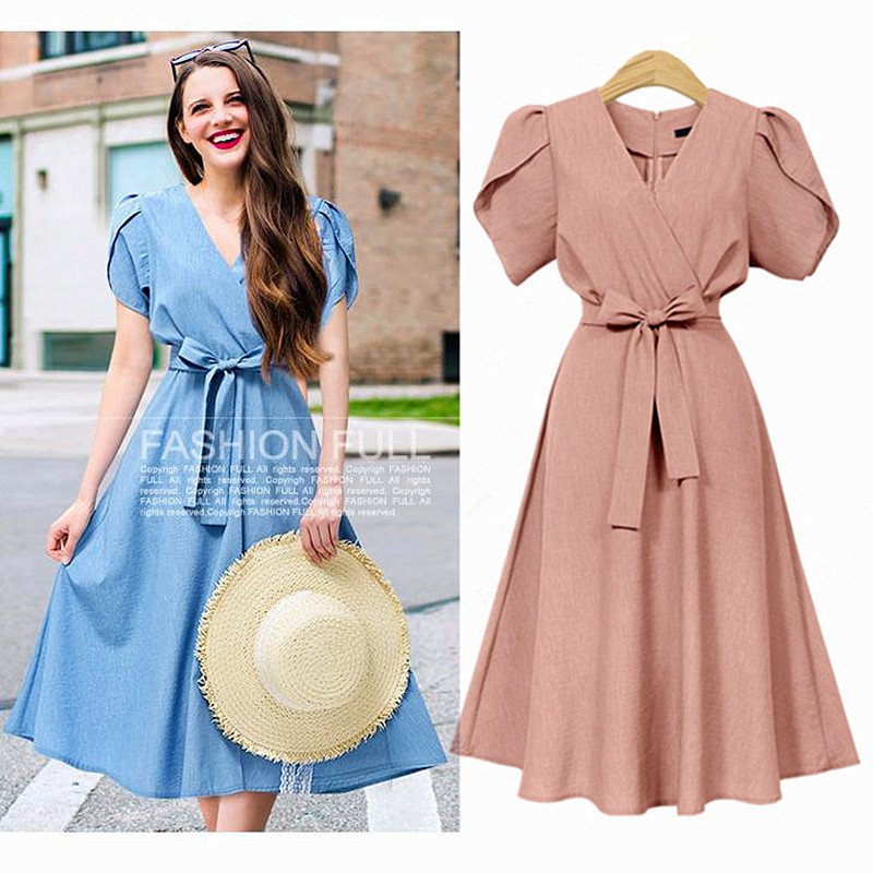 

S-5XL Summer Dress Women Short Sleeve Long Vestidos Midi Dress Casual Solid Pleated Party Maxi Puff V-neck Boho Plus Size, Pink