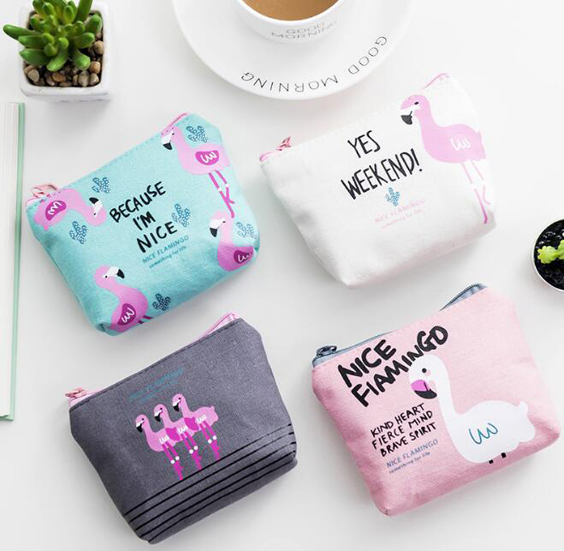 

20pcs Coin Purses Cute Cartoon Canvas flamingo purse small clever key bag Wallets 4colors size 11.5*8*3.5cm, White