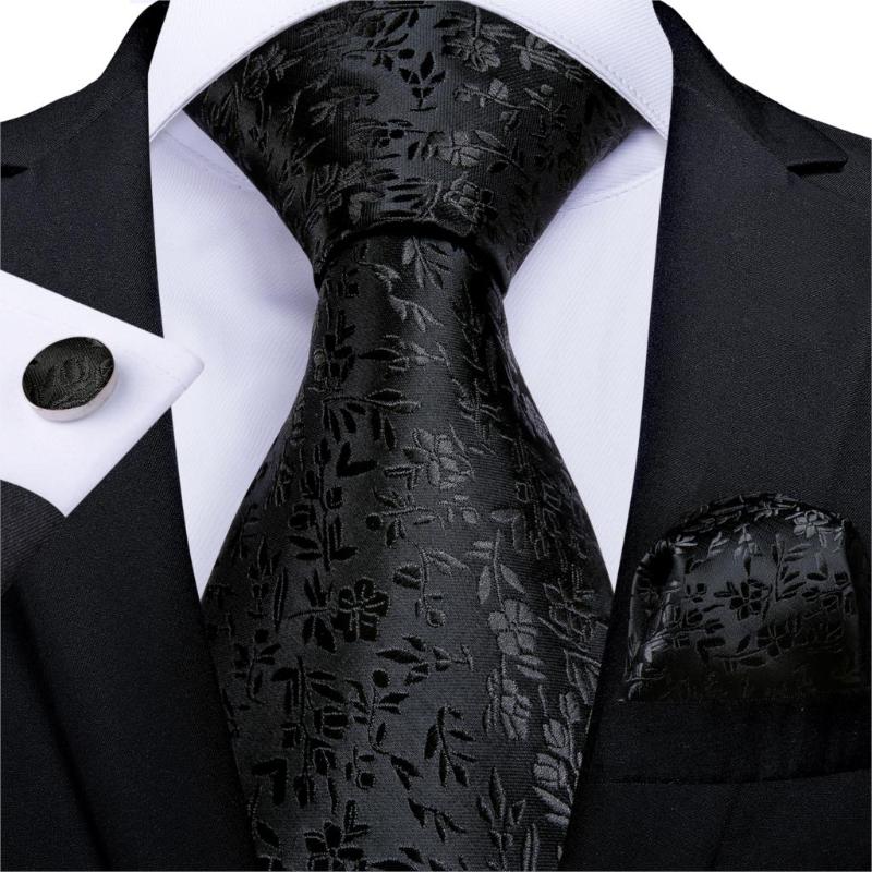 

Gift Men Tie Black Solid Floral Silk Wedding Tie For Men DiBanGu New Designer Hanky Cufflink Business Set Party MJ-7273