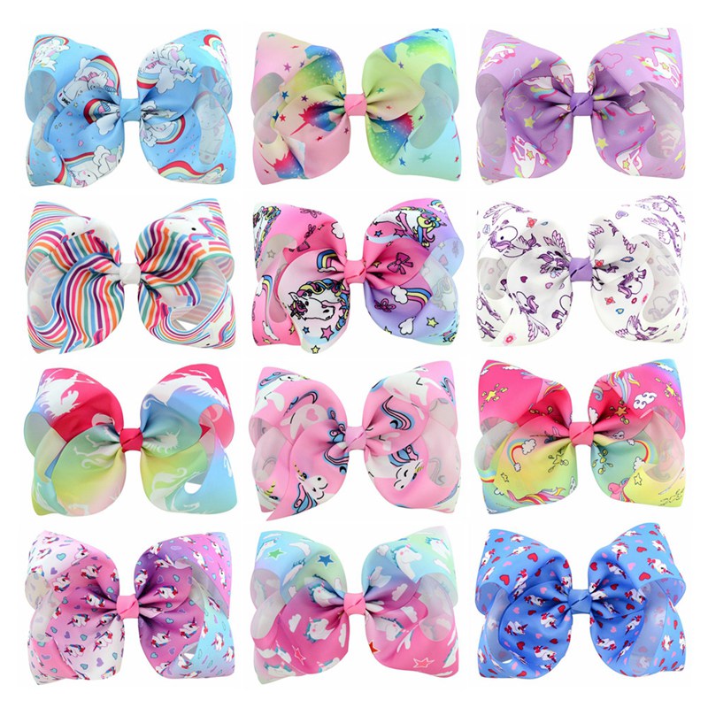 

12pcs/lot 8" Large Size Colorful Unicorn Rainbow Print Grosgrain Ribbon Hair Bows With Clip Girls Handmade Hair Accessory 833, Mix you can choose the color