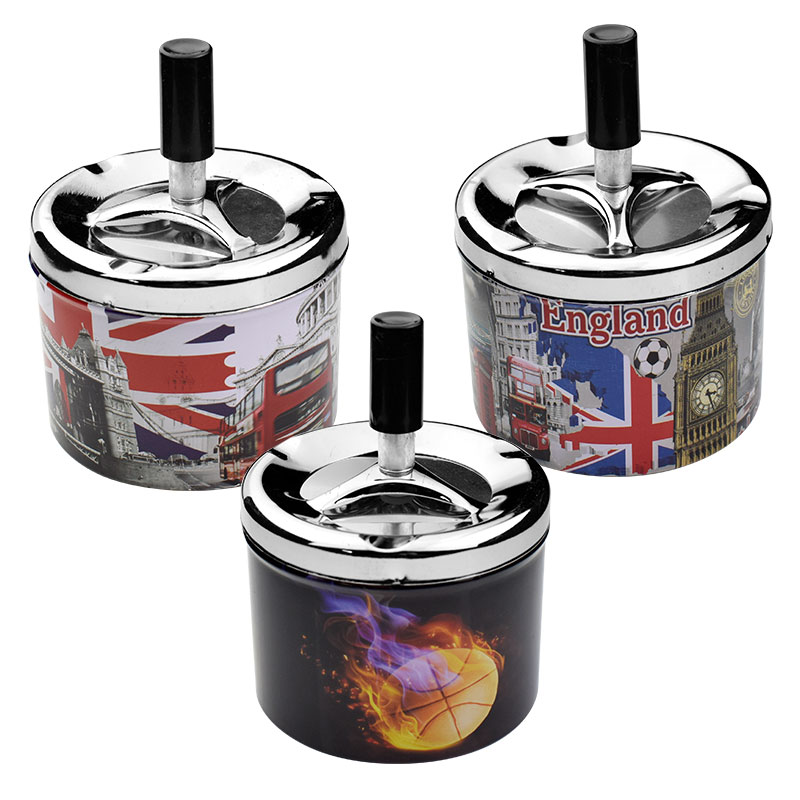 

Hot Selling Black Push Button Portable Practical Home Metal Spinning Black Rotation Plain Cigarette Ash Tray Push Down Smoking