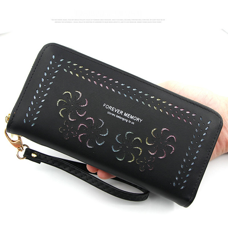 

2019 new Korean Version Of Women's Wallet fashion zipper Long Large Capacity Long Purses Female Embossing phone Clutch Hit color, Black